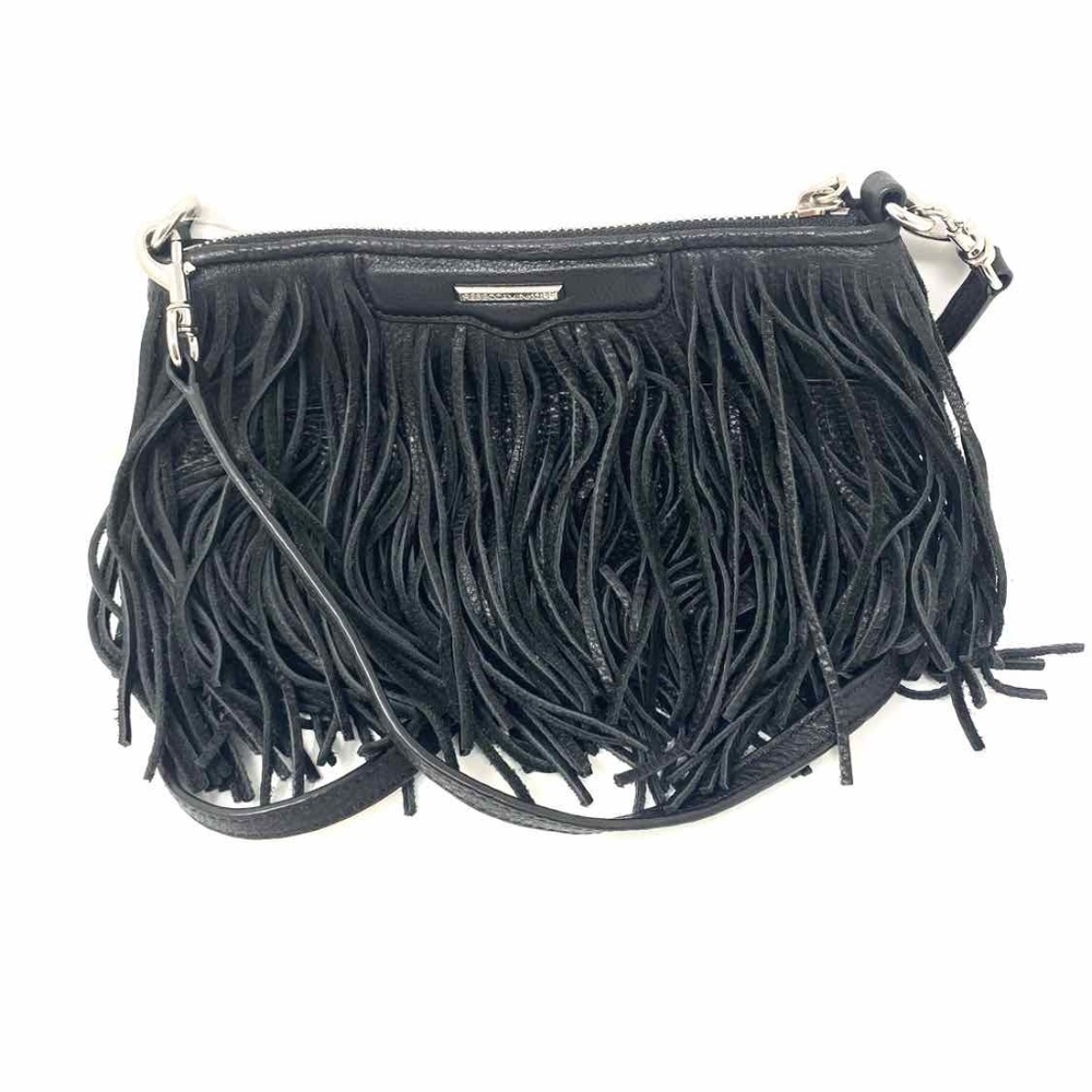 REBECCA MINKOFF Black Zip Tassel Pebbled Leather Crossbody